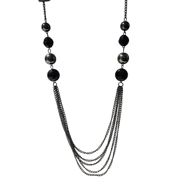 Elegant Black Silver Multi Strand Chain Statement Necklace Faceted Beads Jewelry - Picture 1 of 5